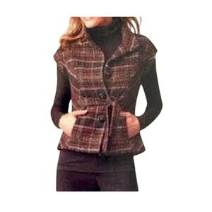 Cabi Brown Purple Plaid Tweed Wool Blend Belted Vest Style 691 Size Medium